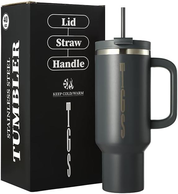 Stainless Steel Insulated Tumbler with Handle Lid and Straw, 40oz Keeps Drinks Cold for 12 Hours or hot for 8 Hours, Vacuum Insulated Water/Coffee/Tea Bottle for Home/Office/Car/Travel-Gift